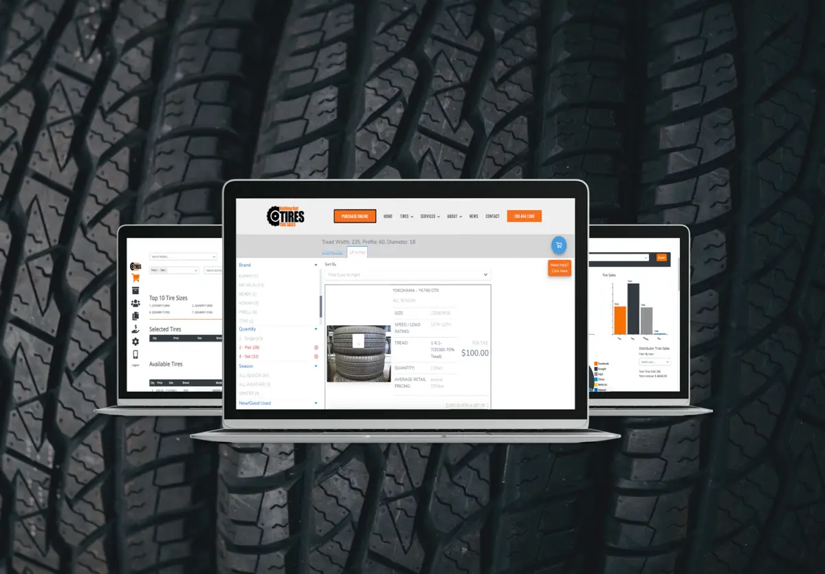 Nothing but tires web application development in use on a laptop