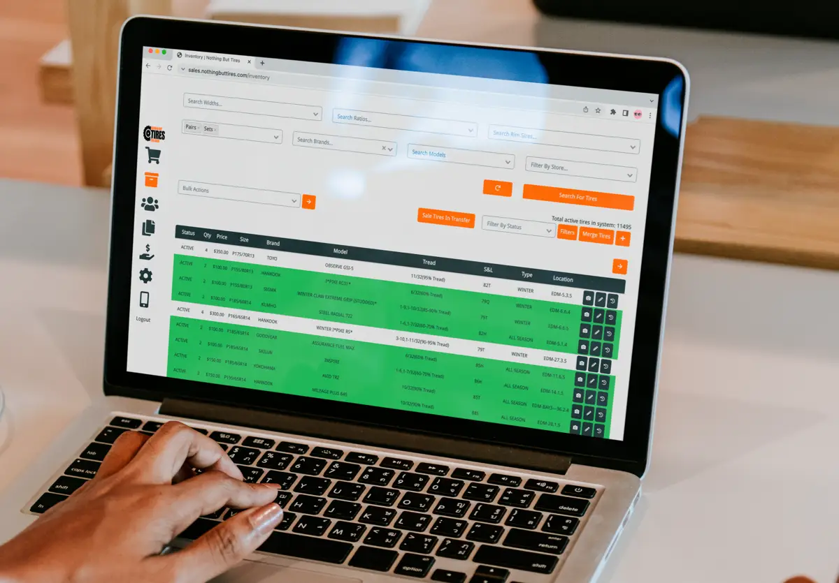 Nothing but tires web application development in use on a laptop