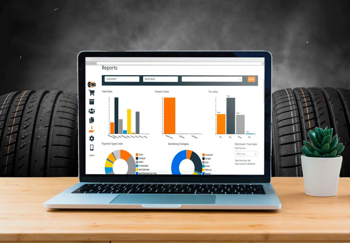 Nothing but tires web application development in use on a laptop
