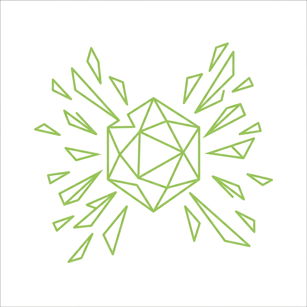 Line-art icon of scattered geometric fragments converging into one defined shape